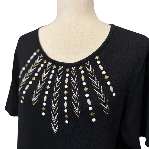 Alfred Dunner Embellished Embroidered Short Sleeve Sweater. Black Tan LG #1508 - Picture 2 of 7